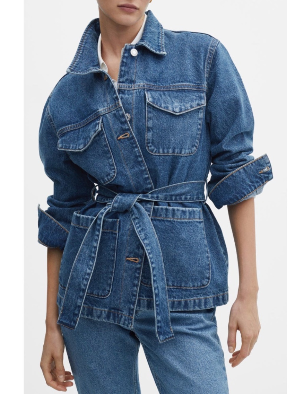 NWOT Mango Jacket Denim Belted Size Large